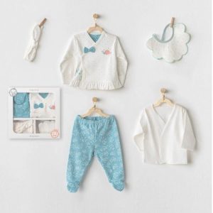 KIZ BEBEK 5'Lİ HASTANE ÇIKIŞ SETİ - TOSBA VE BENEKLİ Mavi