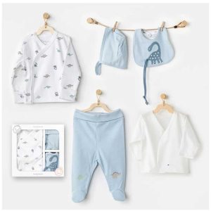 ERKEK BEBEK DİNO HASTANE ÇIKIŞ SETİ 5'Lİ Mavi