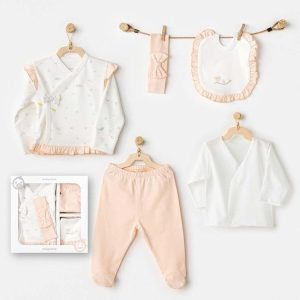 KIZ BEBEK HASTANE ÇIKIŞ TAKIMI SOMON RENK KUŞ DESENKLİ Pembe