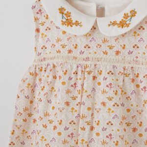 TURUNCU ÇİÇEK DESENLİ NAKIŞLI KIZ BEBEK ELBİSE Çok Renkli