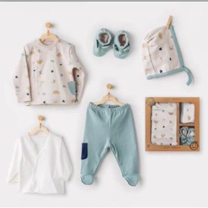 %100 Organik Ayıcık Desenli 5'li Hastane Çıkış Takımı Mavi